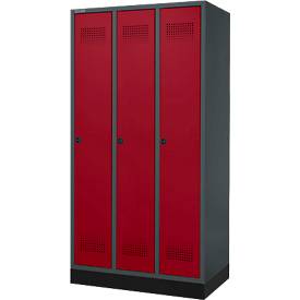 Schäfer Shop Genius Kleiderspind mit Sockel, 3 Abteile, 300 mm Abteilbreite, Sicherheitsdrehriegelverschluss, anthrazit/rubinrot