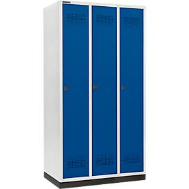 Schäfer Shop Genius Kleiderspind mit Sockel, 3 Abteile, 300 mm Abteilbreite, Sicherheitsdrehriegelverschluss, enzianblau