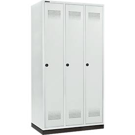 Schäfer Shop Genius Kleiderspind mit Sockel, 3 Abteile, 300 mm Abteilbreite, Sicherheitsdrehriegelverschluss, lichtgrau
