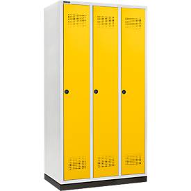 Schäfer Shop Genius Kleiderspind mit Sockel, 3 Abteile, 300 mm Abteilbreite, Sicherheitsdrehriegelverschluss, rapsgelb