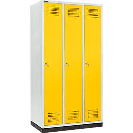 Schäfer Shop Genius Kleiderspind mit Sockel, 3 Abteile, 300 mm Abteilbreite, Zylinderschloss, rapsgelb
