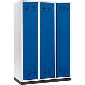 Schäfer Shop Genius Kleiderspind mit Sockel, 3 Abteile, 400 mm Abteilbreite, Sicherheitsdrehriegelverschluss, lichtgrau/enzianblau