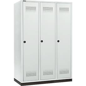 Schäfer Shop Genius Kleiderspind mit Sockel, 3 Abteile, 400 mm Abteilbreite, Sicherheitsdrehriegelverschluss, lichtgrau/lichtgrau