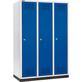 Schäfer Shop Genius Kleiderspind mit Sockel, 3 Abteile, 400 mm Abteilbreite, Zylinderschloss, lichtgrau/enzianblau