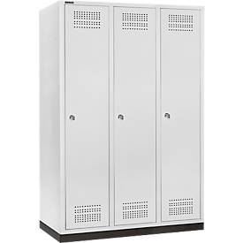 Schäfer Shop Genius Kleiderspind mit Sockel, 3 Abteile, 400 mm Abteilbreite, Zylinderschloss, lichtgrau/lichtgrau
