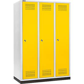 Schäfer Shop Genius Kleiderspind mit Sockel, 3 Abteile, 400 mm Abteilbreite, Zylinderschloss, lichtgrau/rapsgelb