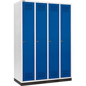 Schäfer Shop Genius Kleiderspind mit Sockel, 4 Abteile, 300 mm Abteilbreite, Zylinderschloss, enzianblau