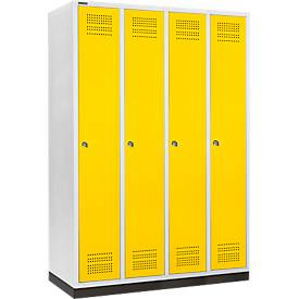 Schäfer Shop Genius Kleiderspind mit Sockel, 4 Abteile, 300 mm Abteilbreite, Zylinderschloss, rapsgelb
