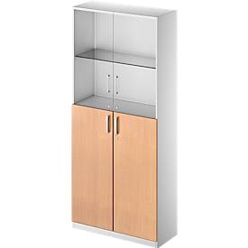 Schäfer Shop Genius Kombischrank TETRIS SOLID, 6 OH, Glas- und Flügeltüren, B 1000 mm, abschließbar, Glas/Buche-Dekor/weißalu