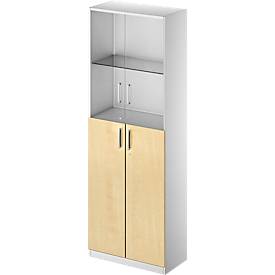 Schäfer Shop Genius Kombischrank TETRIS SOLID, 6 OH, Glas- und Flügeltüren, B 800 mm, abschließbar, Glas/Ahorn-Dekor/weißalu