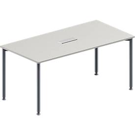 Schäfer Shop Genius Konferenztisch, 3-fach Anschluss, Rechteck, 4-Fuß Rundrohr, B 1600 x T 800 x H 720-840 mm, lichtgrau/weißalu