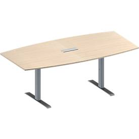 Schäfer Shop Genius Konferenztisch MODENA FLEX, 3-fach Anschluss, Boot, T-Fuß Rechteckrohr, B 2000 x H 650-850 mm, Ahorn/weißalu