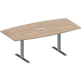Schäfer Shop Genius Konferenztisch MODENA FLEX, 3-fach Anschluss, Boot, T-Fuß Rechteckrohr, B 2000 x H 650-850 mm, Eiche-Dekor/weißalu