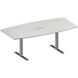 Schäfer Shop Genius Konferenztisch MODENA FLEX, 3-fach Anschluss, Boot, T-Fuß Rechteckrohr, B 2000 x H 650-850 mm, lichtgrau/weißalu