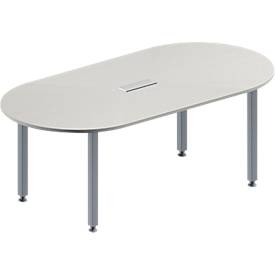 Schäfer Shop Genius Konferenztisch MODENA FLEX, 3-fach Anschluss, Oval, 4-Fuß Quadratrohr, B 2000 x T 1000 x H 720-840 mm, lichtgrau/weißalu