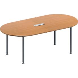 Schäfer Shop Genius Konferenztisch MODENA FLEX, 3-fach Anschluss, Oval, 4-Fuß Rundrohr, B 2000 x T 1000 x H 720-840 mm, Buche/weißalu