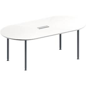 Schäfer Shop Genius Konferenztisch MODENA FLEX, 3-fach Anschluss, Oval, 4-Fuß Rundrohr, B 2000 x T 1000 x H 720-840 mm, weiß/weißalu