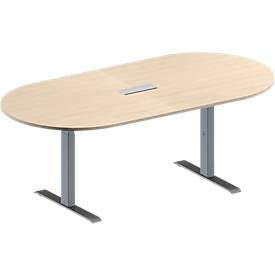 Schäfer Shop Genius Konferenztisch MODENA FLEX, 3-fach Anschluss, Oval, T-Fuß Rechteckrohr, B 2000 x T 1000 x H 650-850 mm, Ahorn/weißalu