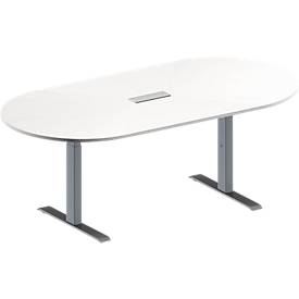 Schäfer Shop Genius Konferenztisch MODENA FLEX, 3-fach Anschluss, Oval, T-Fuß Rechteckrohr, B 2000 x T 1000 x H 650-850 mm, weiß/weißalu