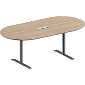 Schäfer Shop Genius Konferenztisch MODENA FLEX, 3-fach Anschluss, Oval, T-Fuß Rundrohr, B 2000 x T 1000 x H 650-850 mm, Eiche-Dekor/weißalu