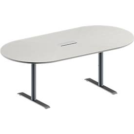 Schäfer Shop Genius Konferenztisch MODENA FLEX, 3-fach Anschluss, Oval, T-Fuß Rundrohr, B 2000 x T 1000 x H 650-850 mm, lichtgrau/weißalu