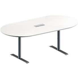 Schäfer Shop Genius Konferenztisch MODENA FLEX, 3-fach Anschluss, Oval, T-Fuß Rundrohr, B 2000 x T 1000 x H 650-850 mm, weiß/weißalu