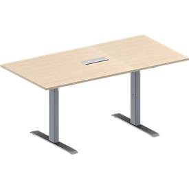 Schäfer Shop Genius Konferenztisch MODENA FLEX, 3-fach Anschluss, Rechteck, T-Fuß Rechteckrohr, B 1600 x T 800 x H 650-850 mm, Ahorn/weißalu