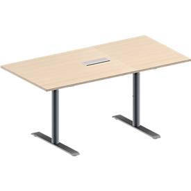 Schäfer Shop Genius Konferenztisch MODENA FLEX, 3-fach Anschluss, Rechteck, T-Fuß Rundrohr, B 1600 x T 800 x H 650-850 mm, Ahorn/weißalu