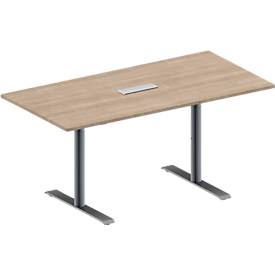 Schäfer Shop Genius Konferenztisch MODENA FLEX, 3-fach Anschluss, Rechteck, T-Fuß Rundrohr, B 1600 x T 800 x H 650-850 mm, Eiche-Dekor/weißalu