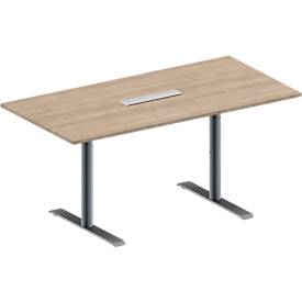Schäfer Shop Genius Konferenztisch MODENA FLEX, 3-fach Anschluss, Rechteck, T-Fuß Rundrohr, B 1600 x T 800 x H 650-850 mm, Eiche-Dekor/weißalu