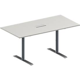 Schäfer Shop Genius Konferenztisch MODENA FLEX, 3-fach Anschluss, Rechteck, T-Fuß Rundrohr, B 1600 x T 800 x H 650-850 mm, lichtgrau/weißalu