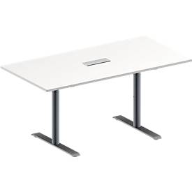Schäfer Shop Genius Konferenztisch MODENA FLEX, 3-fach Anschluss, Rechteck, T-Fuß Rundrohr, B 1600 x T 800 x H 650-850 mm, weiß/weißalu