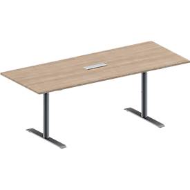 Schäfer Shop Genius Konferenztisch MODENA FLEX, 3-fach Anschluss, Rechteck, T-Fuß Rundrohr, B 2000 x T 800 x H 650-850 mm, Eiche-Dekor/weißalu