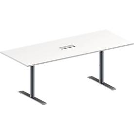 Schäfer Shop Genius Konferenztisch MODENA FLEX, 3-fach Anschluss, Rechteck, T-Fuß Rundrohr, B 2000 x T 800 x H 650-850 mm, weiß/weißalu