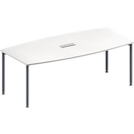 Schäfer Shop Genius Konferenztisch MODENA FLEX, 3-fach Tischanschlussfeld, Boot, 4-Fuß Rundrohr, B 2000 x H 720-840 mm, weiß/weißaluminium RAL 9006