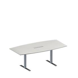 Schäfer Shop Genius Konferenztisch MODENA FLEX, 6-fach Anschluss, Boot, T-Fuß Rechteckrohr, B 2000 x H 650-850 mm, lichtgrau/weißalu