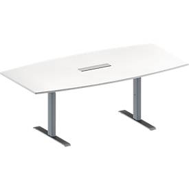 Schäfer Shop Genius Konferenztisch MODENA FLEX, 6-fach Anschluss, Boot, T-Fuß Rechteckrohr, B 2000 x H 650-850 mm, weiß/weißalu