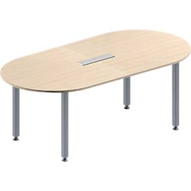 Schäfer Shop Genius Konferenztisch MODENA FLEX, 6-fach Anschluss, Oval, 4-Fuß Quadratrohr, B 2000 x T 1000 x H 720-840 mm, Ahorn/weißalu
