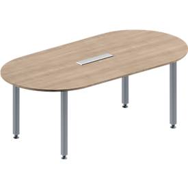 Schäfer Shop Genius Konferenztisch MODENA FLEX, 6-fach Anschluss, Oval, 4-Fuß Quadratrohr, B 2000 x T 1000 x H 720-840 mm, Eiche Dekor/weißalu