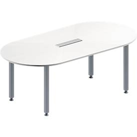 Schäfer Shop Genius Konferenztisch MODENA FLEX, 6-fach Anschluss, Oval, 4-Fuß Quadratrohr, B 2000 x T 1000 x H 720-840 mm, weiß/weißalu