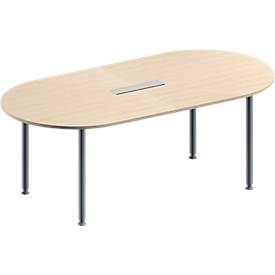Schäfer Shop Genius Konferenztisch MODENA FLEX, 6-fach Anschluss, Oval, 4-Fuß Rundrohr, B 2000 x T 1000 x H 720-840 mm, Ahorn/weißalu