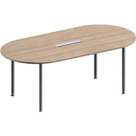 Schäfer Shop Genius Konferenztisch MODENA FLEX, 6-fach Anschluss, Oval, 4-Fuß Rundrohr, B 2000 x T 1000 x H 720-840 mm, Eiche Dekor/weißalu