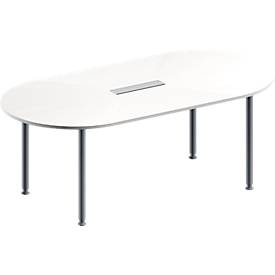 Schäfer Shop Genius Konferenztisch MODENA FLEX, 6-fach Anschluss, Oval, 4-Fuß Rundrohr, B 2000 x T 1000 x H 720-840 mm, weiß/weißalu