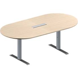 Schäfer Shop Genius Konferenztisch MODENA FLEX, 6-fach Anschluss, Oval, T-Fuß Rechteckrohr, B 2000 x T 1000 x H 650-850 mm, Ahorn/weißalu