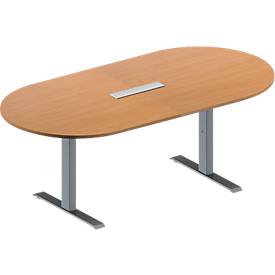 Schäfer Shop Genius Konferenztisch MODENA FLEX, 6-fach Anschluss, Oval, T-Fuß Rechteckrohr, B 2000 x T 1000 x H 650-850 mm, Buche/weißalu
