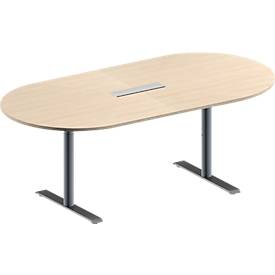 Schäfer Shop Genius Konferenztisch MODENA FLEX, 6-fach Anschluss, Oval, T-Fuß Rundrohr, B 2000 x T 1000 x H 650-850 mm, Ahorn/weißalu