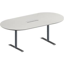 Schäfer Shop Genius Konferenztisch MODENA FLEX, 6-fach Anschluss, Oval, T-Fuß Rundrohr, B 2000 x T 1000 x H 650-850 mm, lichtgrau/weißalu