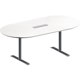 Schäfer Shop Genius Konferenztisch MODENA FLEX, 6-fach Anschluss, Oval, T-Fuß Rundrohr, B 2000 x T 1000 x H 650-850 mm, weiß/weißalu