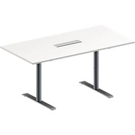 Schäfer Shop Genius Konferenztisch MODENA FLEX, 6-fach Anschluss, Rechteck, T-Fuß Rundrohr, B 1600 x T 800 x H 650-850 mm, weiß/weißalu