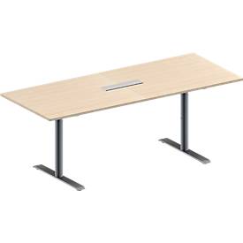 Schäfer Shop Genius Konferenztisch MODENA FLEX, 6-fach Anschluss, Rechteck, T-Fuß Rundrohr, B 2000 x T 800 x H 650-850 mm, Ahorn/weißalu